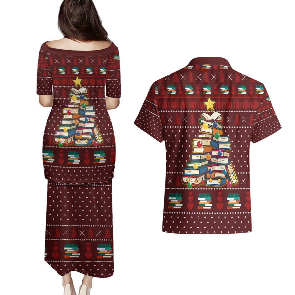 Book Pine Merry Christmas Couples Matching Puletasi and Hawaiian Shirt Xmas Holiday Patterns - Wonder Print Shop