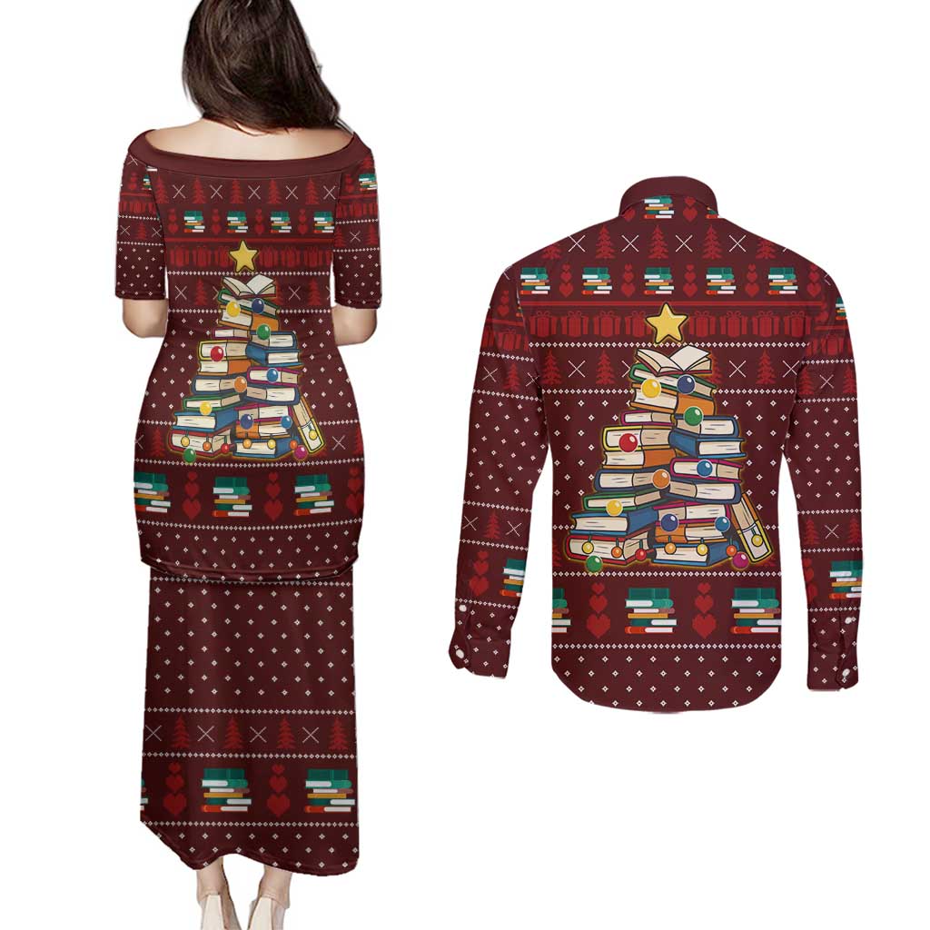 Book Pine Merry Christmas Couples Matching Puletasi and Long Sleeve Button Shirt Xmas Holiday Patterns - Wonder Print Shop