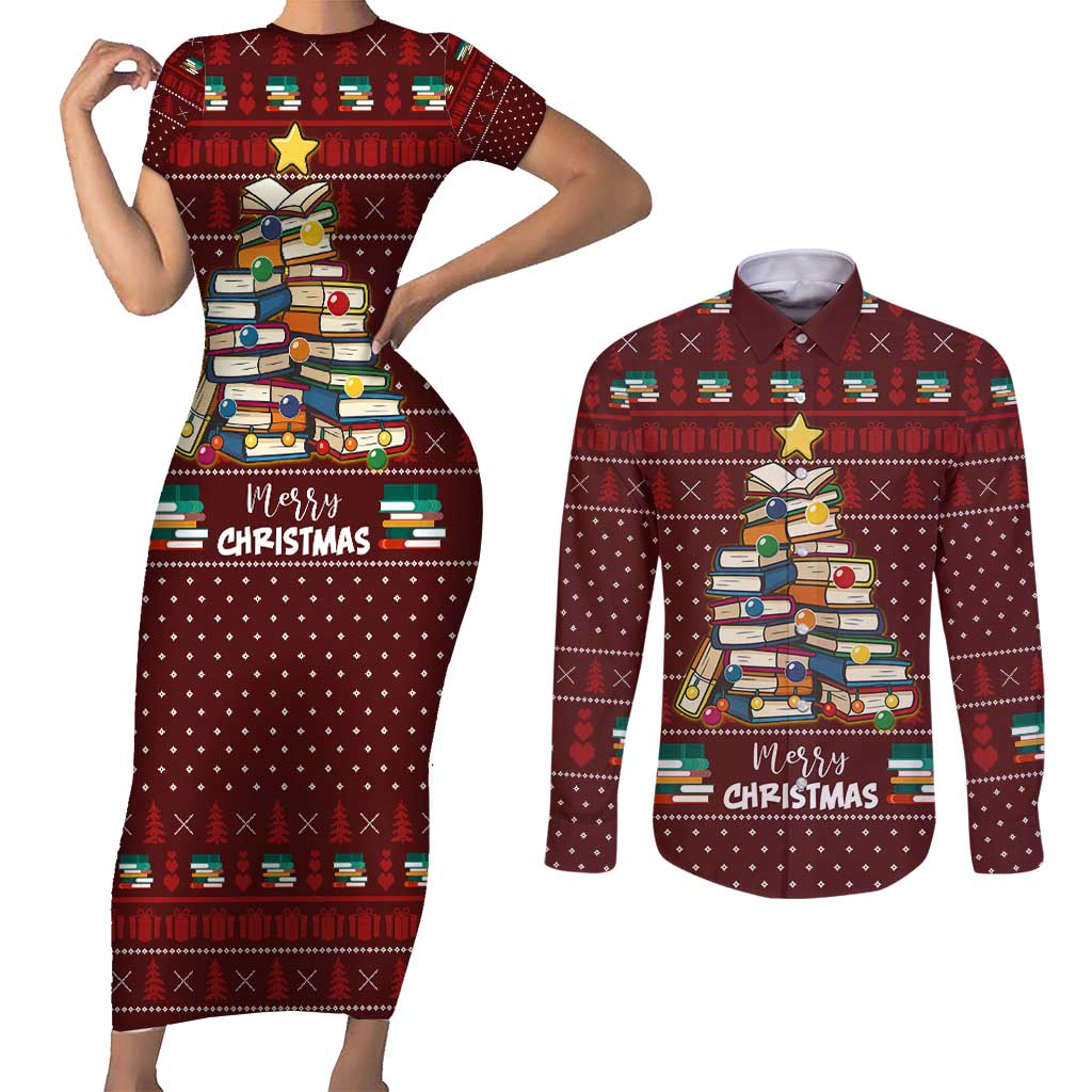 Book Pine Merry Christmas Couples Matching Short Sleeve Bodycon Dress and Long Sleeve Button Shirt Xmas Holiday Patterns - Wonder Print Shop