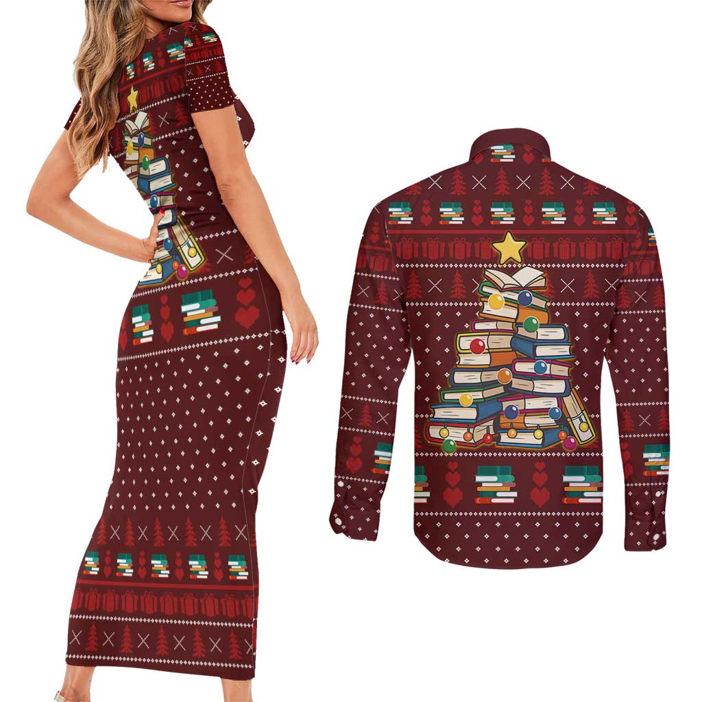Book Pine Merry Christmas Couples Matching Short Sleeve Bodycon Dress and Long Sleeve Button Shirt Xmas Holiday Patterns - Wonder Print Shop