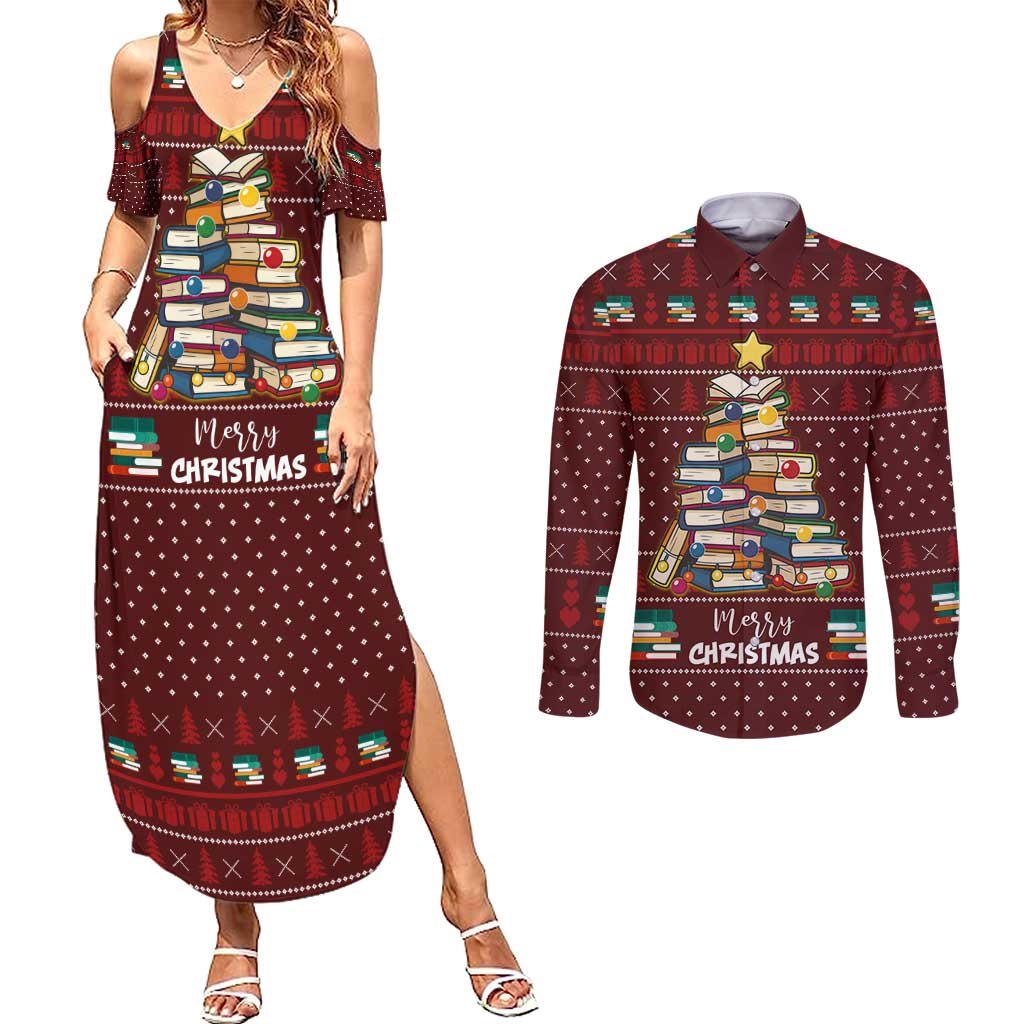 Book Pine Merry Christmas Couples Matching Summer Maxi Dress and Long Sleeve Button Shirt Xmas Holiday Patterns - Wonder Print Shop
