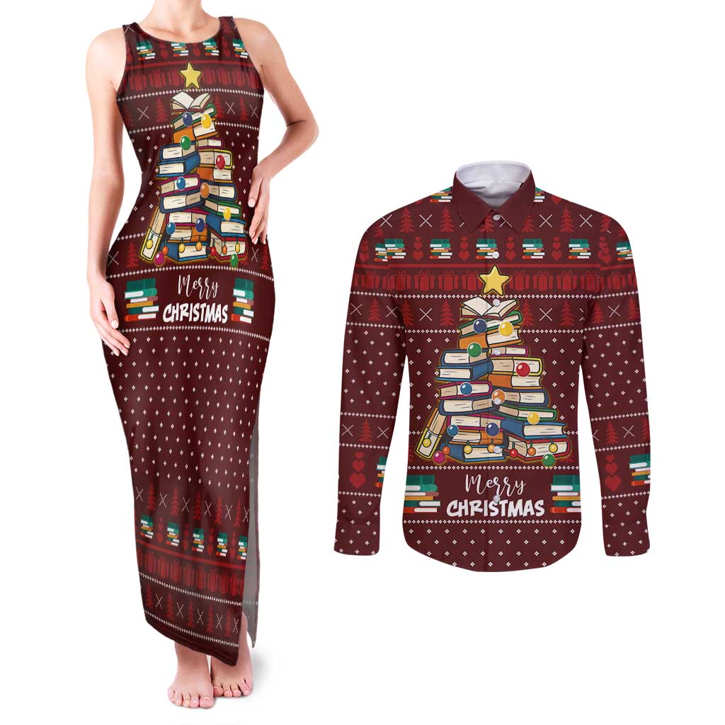 Book Pine Merry Christmas Couples Matching Tank Maxi Dress and Long Sleeve Button Shirt Xmas Holiday Patterns - Wonder Print Shop