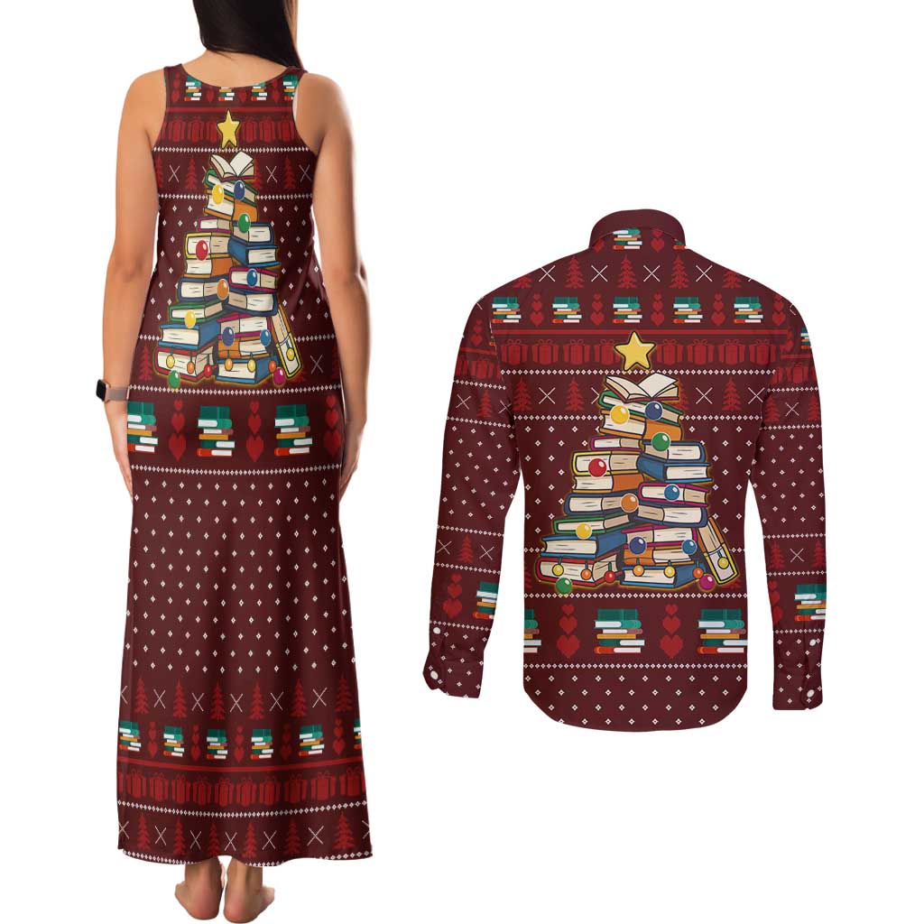 Book Pine Merry Christmas Couples Matching Tank Maxi Dress and Long Sleeve Button Shirt Xmas Holiday Patterns - Wonder Print Shop