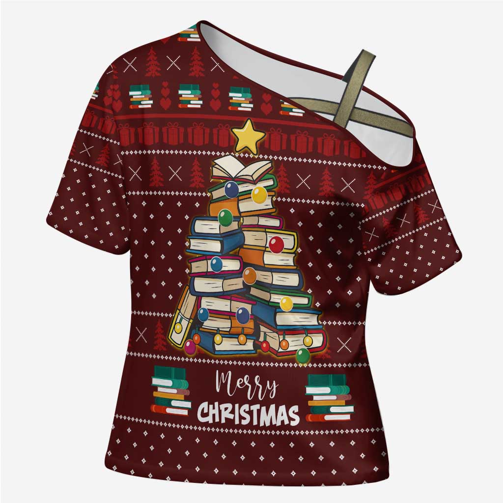 Book Pine Merry Christmas Cross Shoulder Shirt Xmas Holiday Patterns - Wonder Print Shop