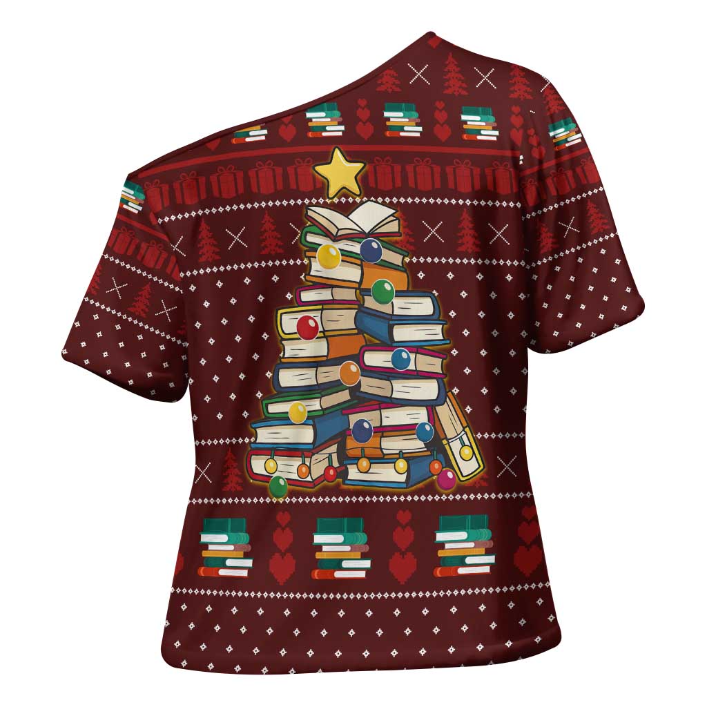 Book Pine Merry Christmas Cross Shoulder Shirt Xmas Holiday Patterns - Wonder Print Shop