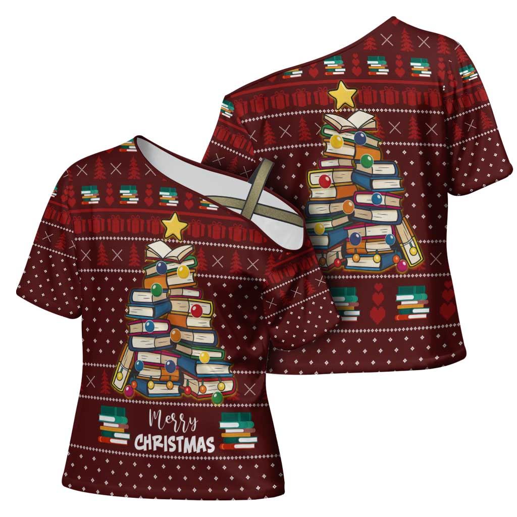 Book Pine Merry Christmas Cross Shoulder Shirt Xmas Holiday Patterns - Wonder Print Shop