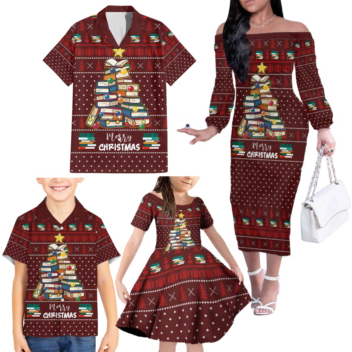 Book Pine Merry Christmas Family Matching Off The Shoulder Long Sleeve Dress and Hawaiian Shirt Xmas Holiday Patterns - Wonder Print Shop