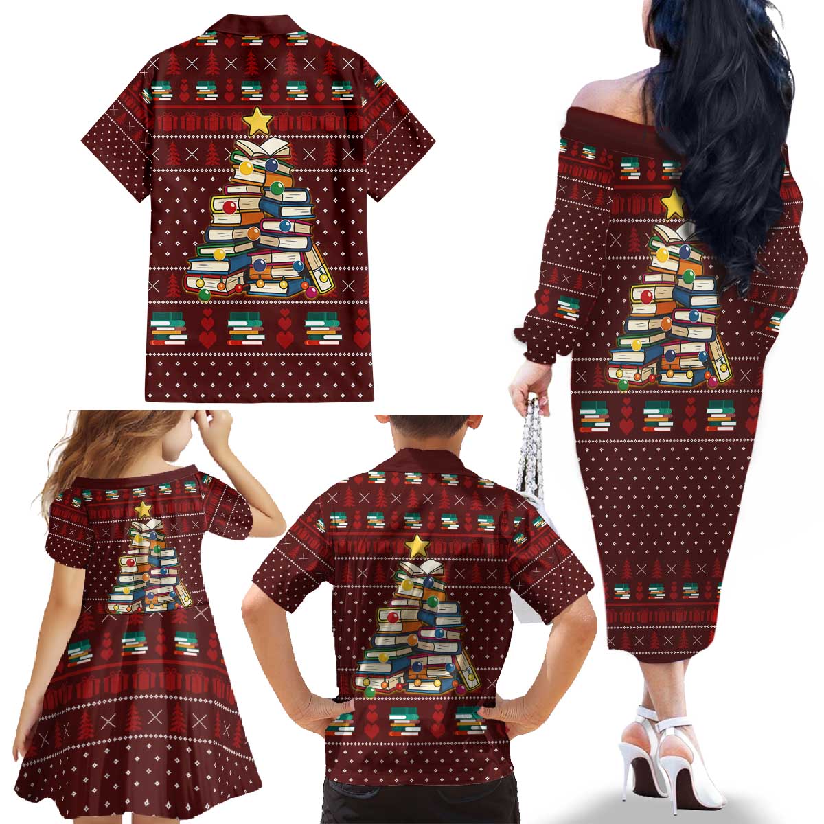 Book Pine Merry Christmas Family Matching Off The Shoulder Long Sleeve Dress and Hawaiian Shirt Xmas Holiday Patterns - Wonder Print Shop