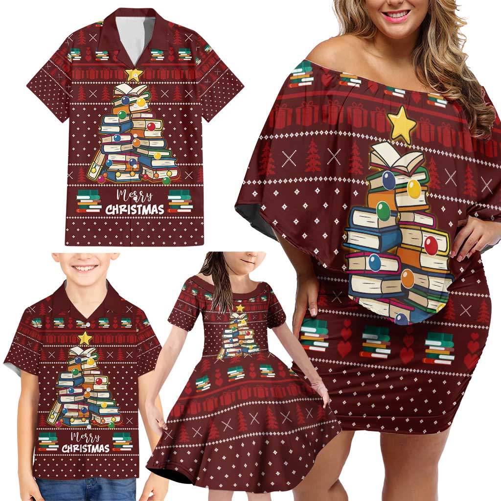Book Pine Merry Christmas Family Matching Off Shoulder Short Dress and Hawaiian Shirt Xmas Holiday Patterns - Wonder Print Shop