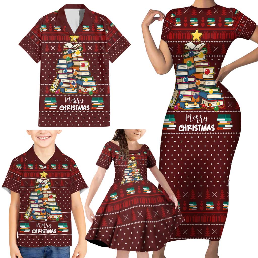 Book Pine Merry Christmas Family Matching Short Sleeve Bodycon Dress and Hawaiian Shirt Xmas Holiday Patterns - Wonder Print Shop