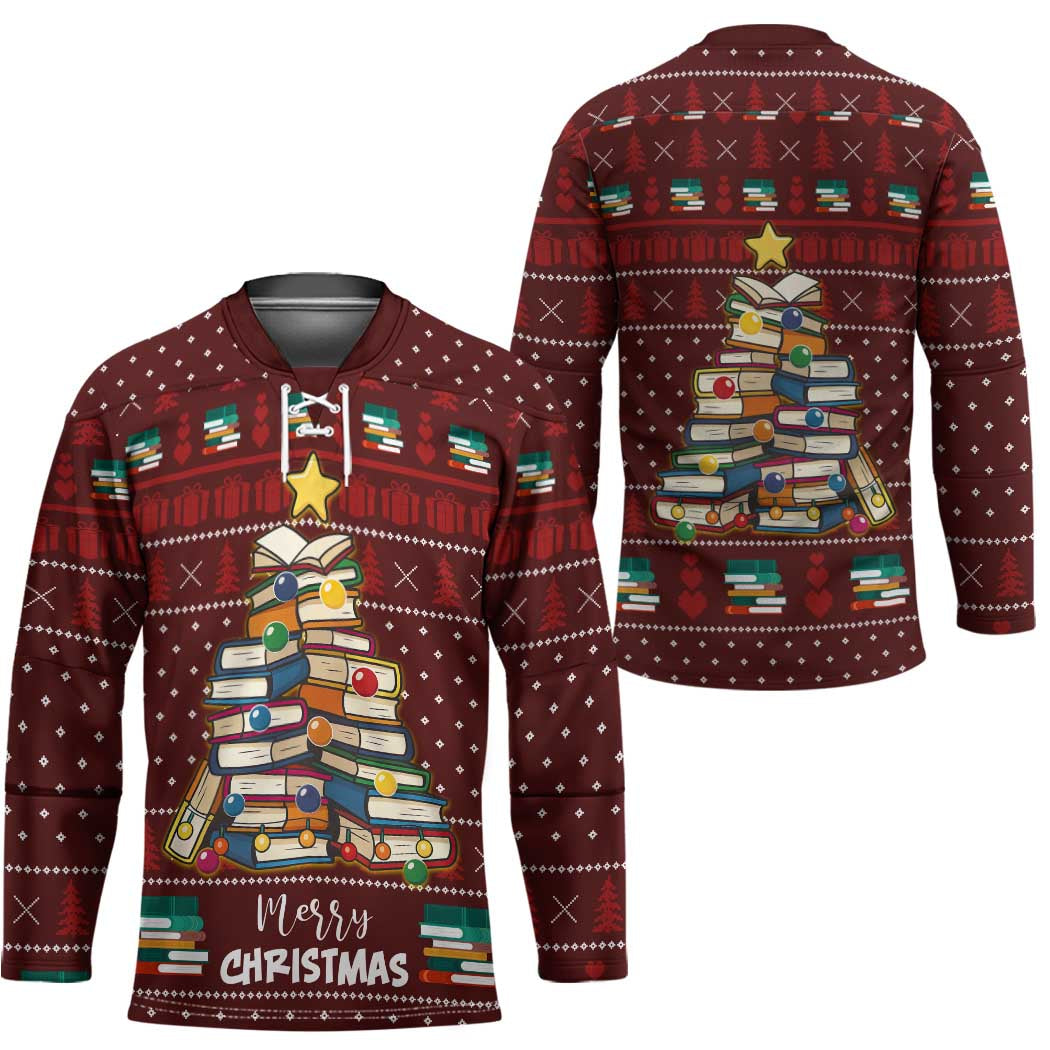 Book Pine Merry Christmas Hockey Jersey Xmas Holiday Patterns - Wonder Print Shop