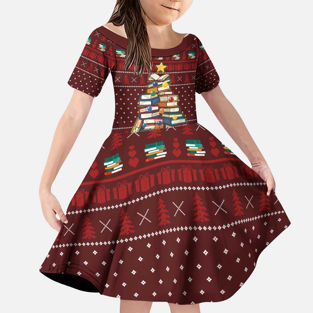 Book Pine Merry Christmas Kid Short Sleeve Dress Xmas Holiday Patterns - Wonder Print Shop