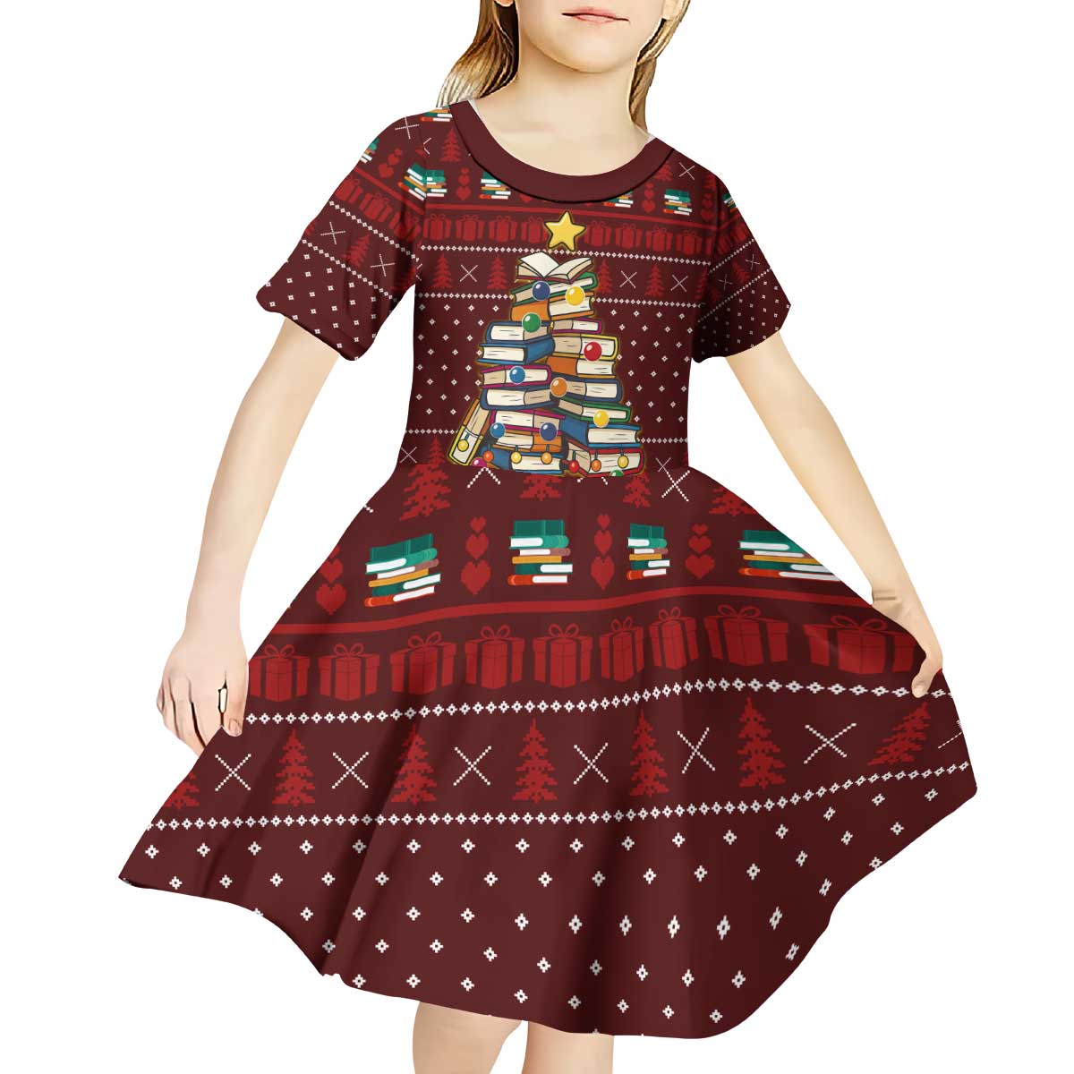 Book Pine Merry Christmas Kid Short Sleeve Dress Xmas Holiday Patterns - Wonder Print Shop