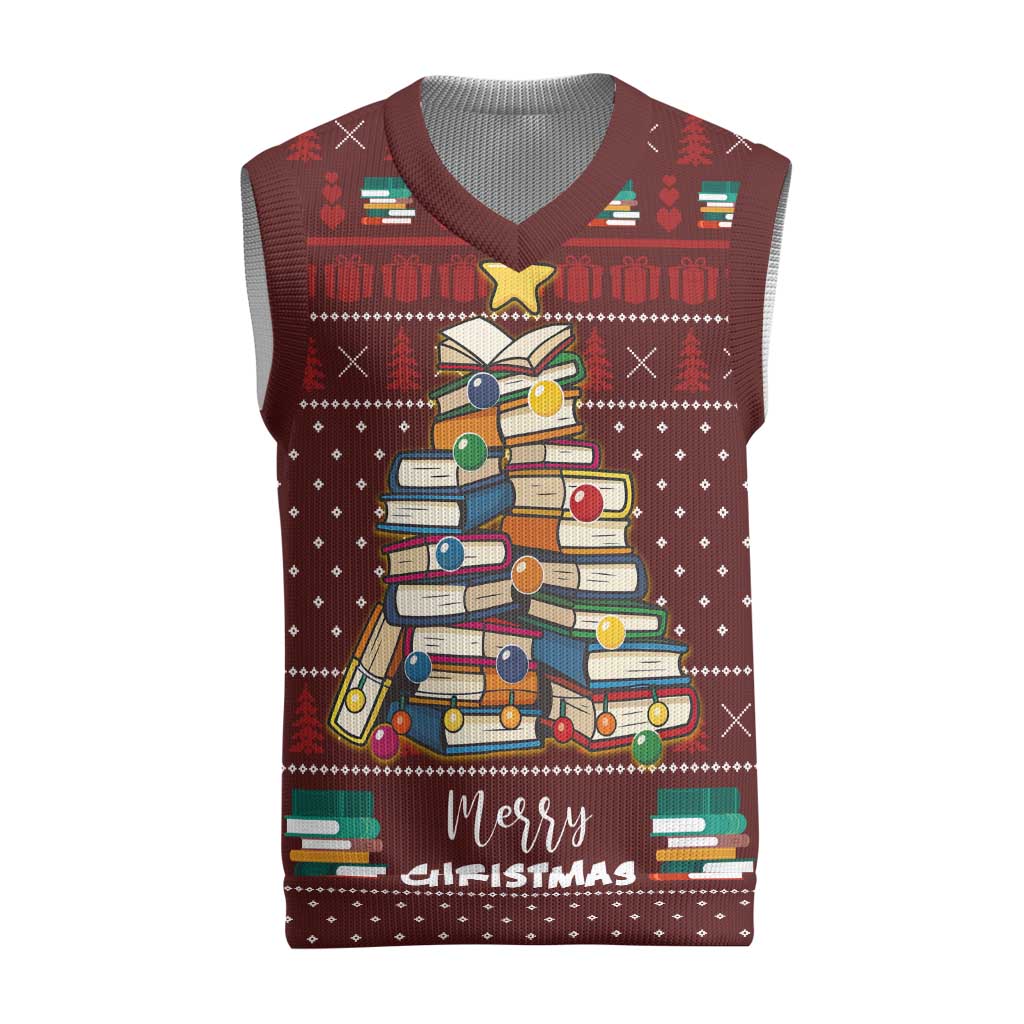 Book Pine Merry Christmas Knitted V-Neck Vest Xmas Holiday Patterns - Wonder Print Shop