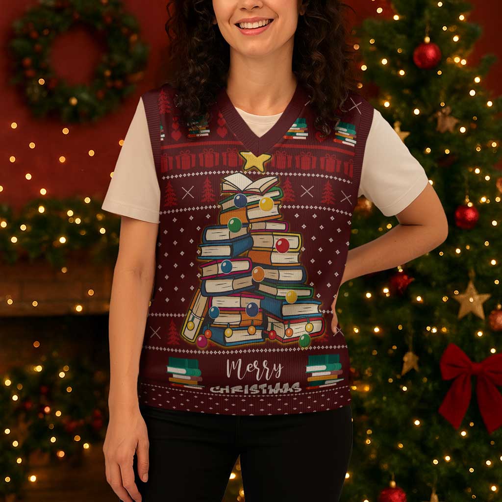 Book Pine Merry Christmas Knitted V-Neck Vest Xmas Holiday Patterns - Wonder Print Shop