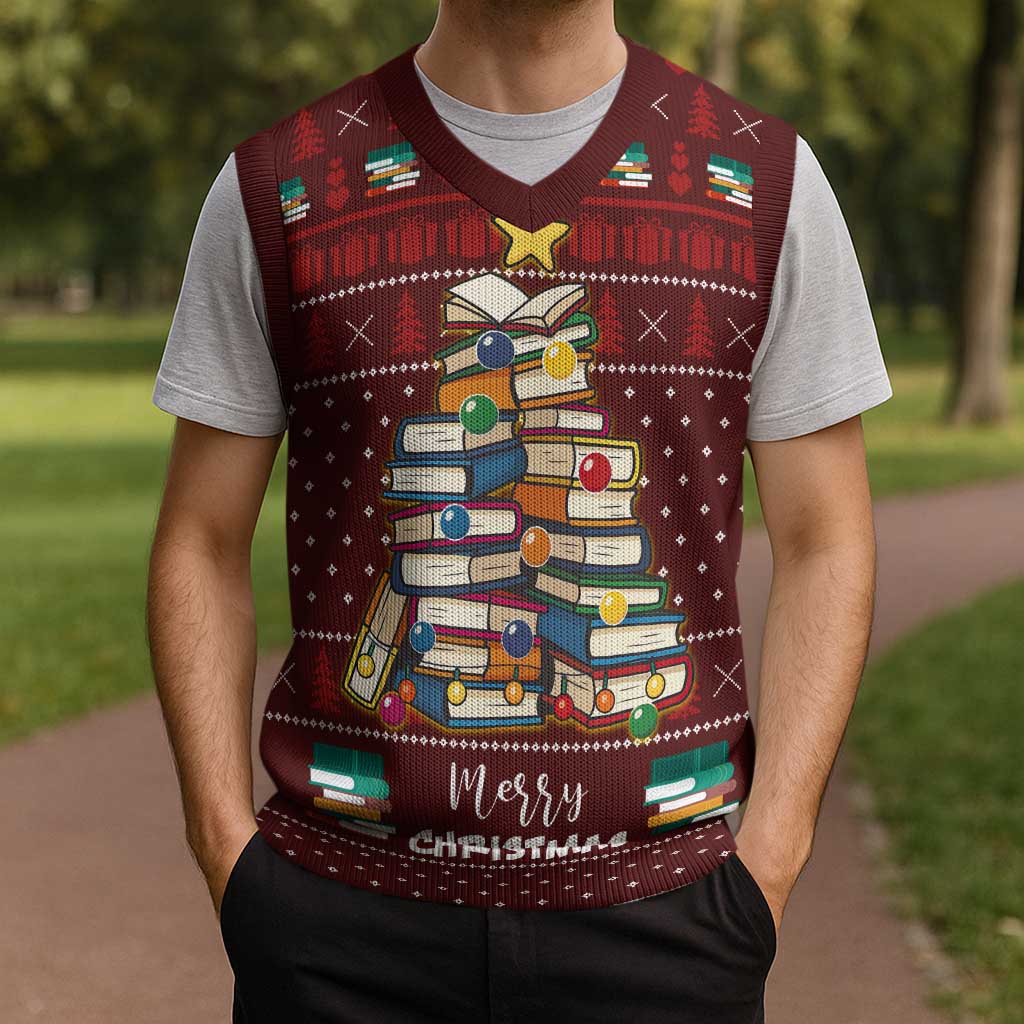 Book Pine Merry Christmas Knitted V-Neck Vest Xmas Holiday Patterns - Wonder Print Shop