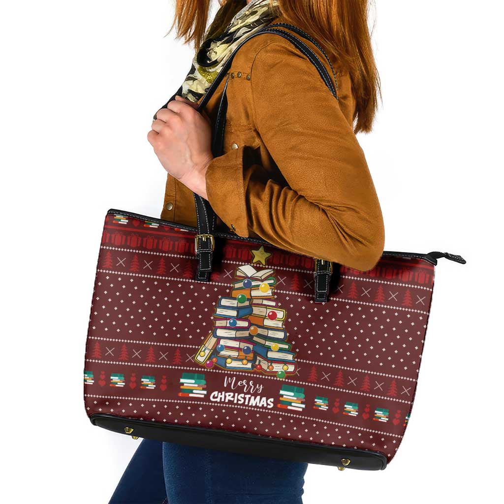 Book Pine Merry Christmas Leather Tote Bag Xmas Holiday Patterns - Wonder Print Shop