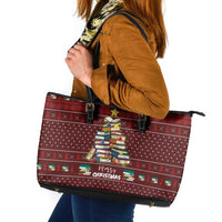 Book Pine Merry Christmas Leather Tote Bag Xmas Holiday Patterns - Wonder Print Shop