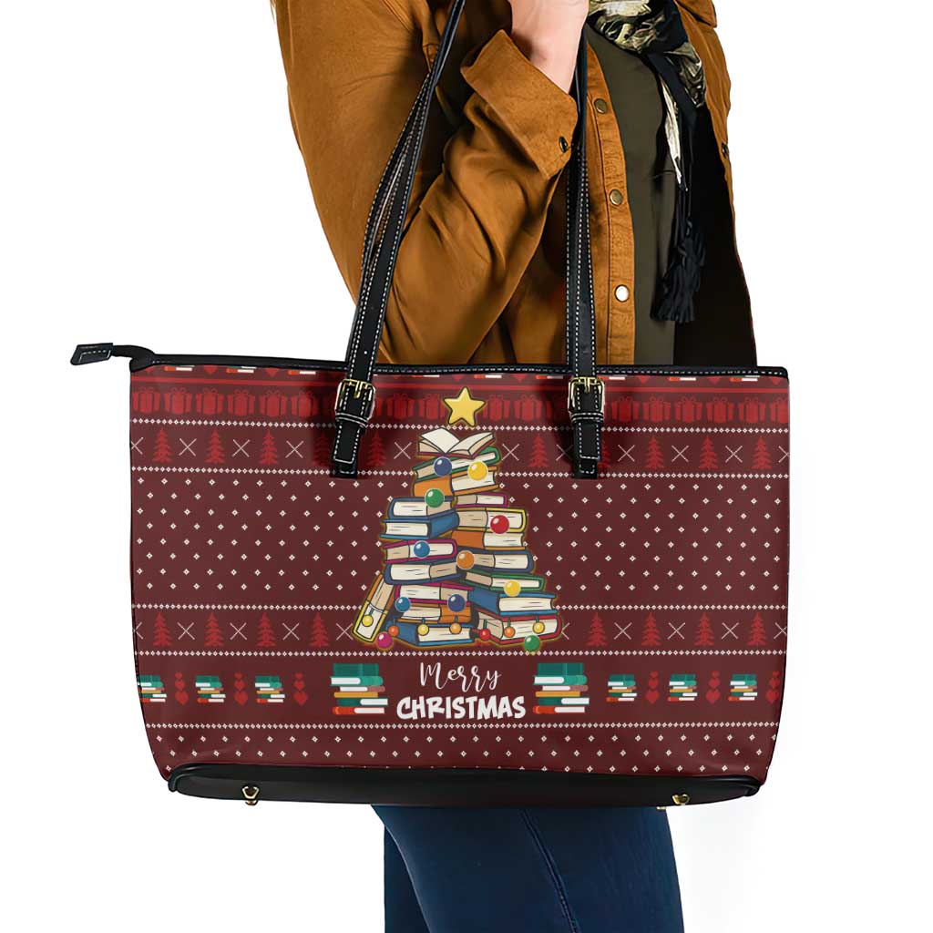 Book Pine Merry Christmas Leather Tote Bag Xmas Holiday Patterns - Wonder Print Shop