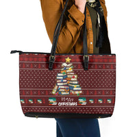 Book Pine Merry Christmas Leather Tote Bag Xmas Holiday Patterns - Wonder Print Shop