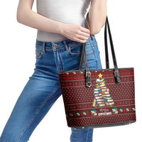 Book Pine Merry Christmas Leather Tote Bag Xmas Holiday Patterns - Wonder Print Shop
