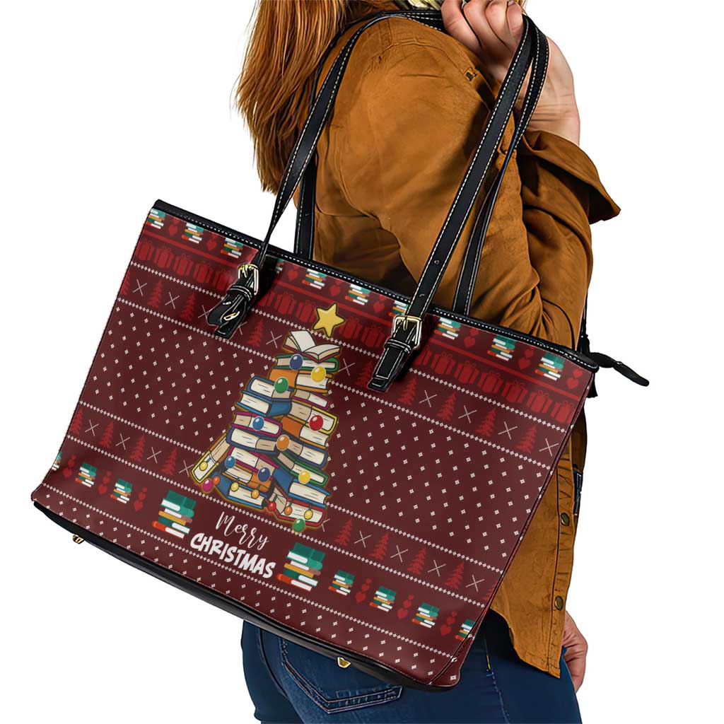 Book Pine Merry Christmas Leather Tote Bag Xmas Holiday Patterns - Wonder Print Shop
