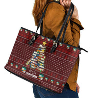 Book Pine Merry Christmas Leather Tote Bag Xmas Holiday Patterns - Wonder Print Shop