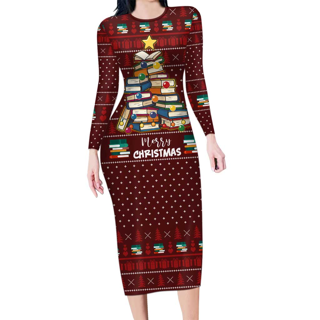 Book Pine Merry Christmas Long Sleeve Bodycon Dress Xmas Holiday Patterns - Wonder Print Shop