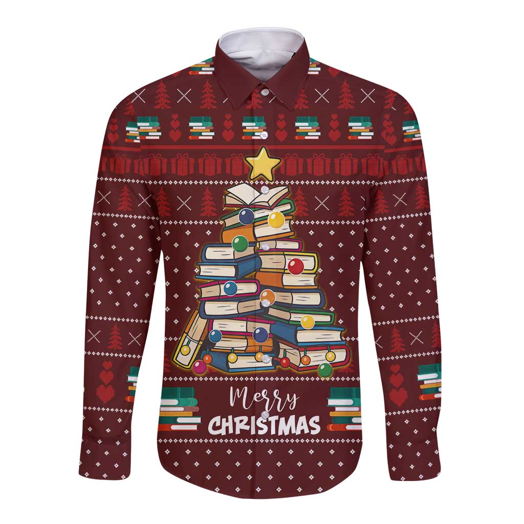 Book Pine Merry Christmas Long Sleeve Button Shirt Xmas Holiday Patterns - Wonder Print Shop