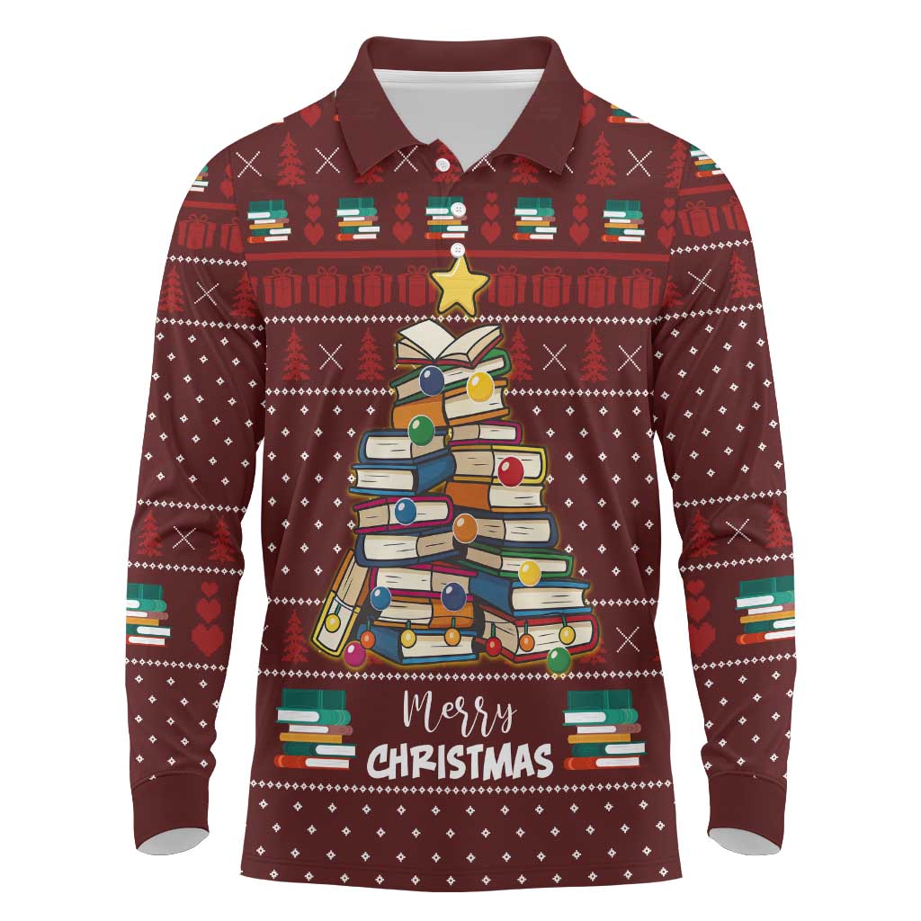 Book Pine Merry Christmas Long Sleeve Polo Shirt Xmas Holiday Patterns - Wonder Print Shop
