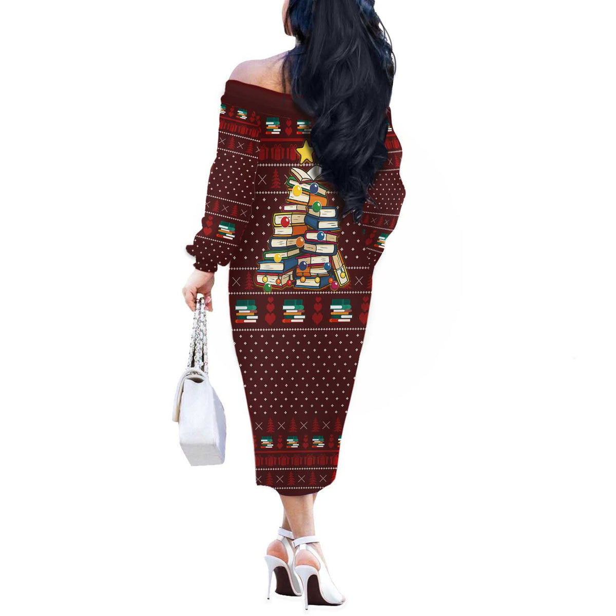Book Pine Merry Christmas Off The Shoulder Long Sleeve Dress Xmas Holiday Patterns - Wonder Print Shop