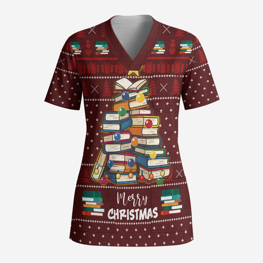 Book Pine Merry Christmas Scrub Top Xmas Holiday Patterns - Wonder Print Shop