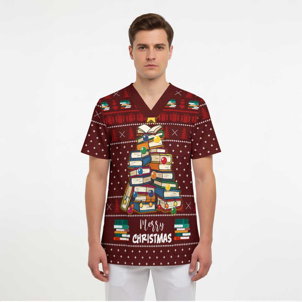 Book Pine Merry Christmas Scrub Top Xmas Holiday Patterns - Wonder Print Shop
