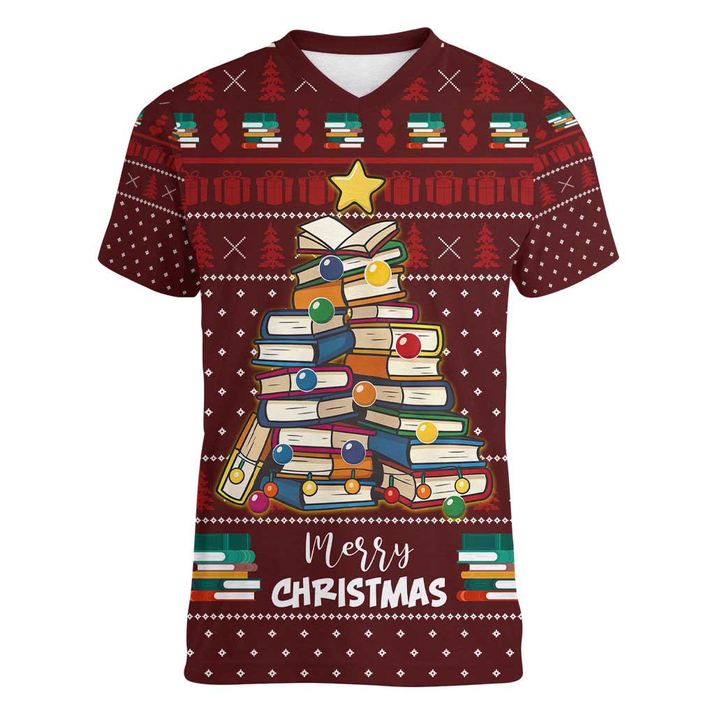 Book Pine Merry Christmas Women V-Neck T-Shirt Xmas Holiday Patterns - Wonder Print Shop