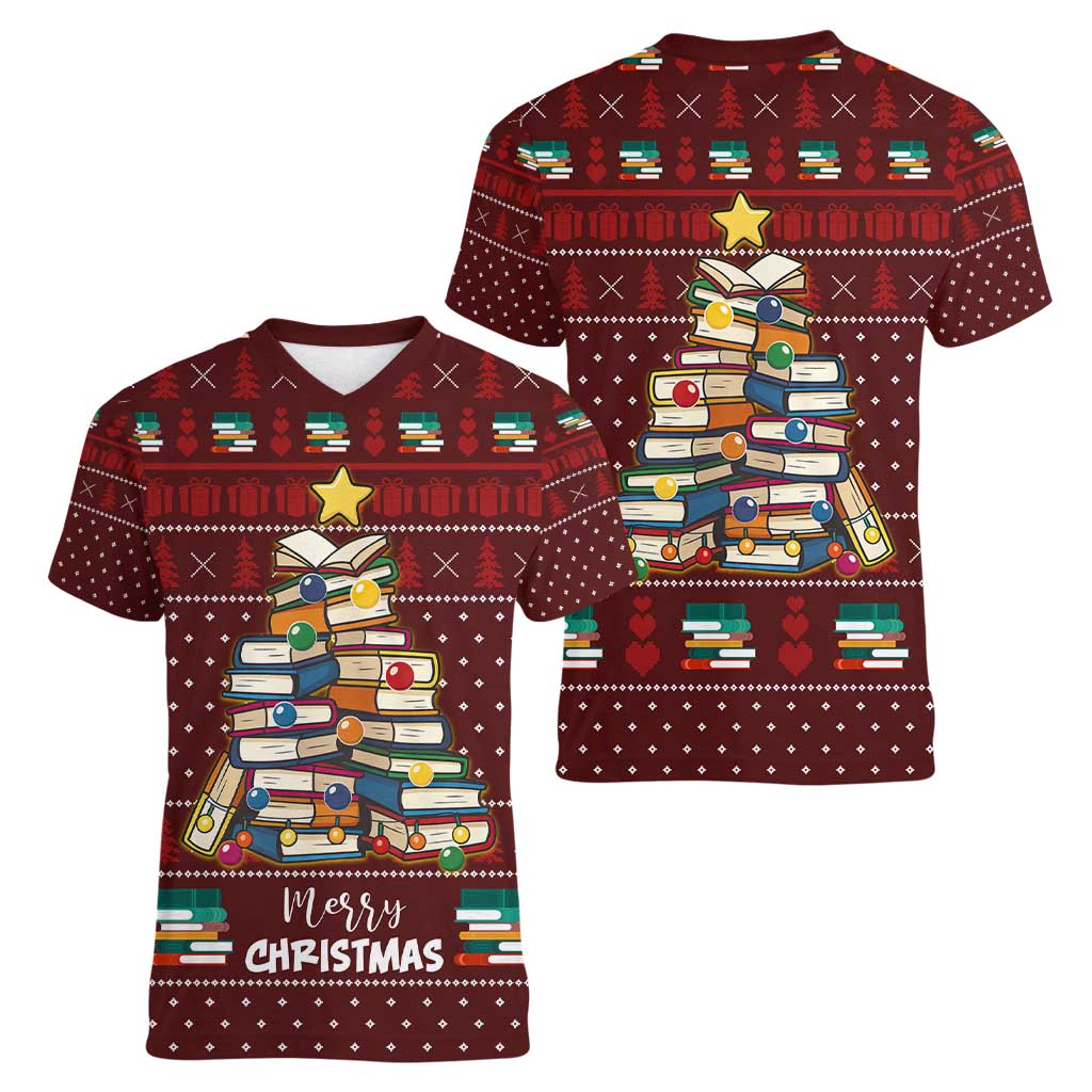 Book Pine Merry Christmas Women V-Neck T-Shirt Xmas Holiday Patterns - Wonder Print Shop