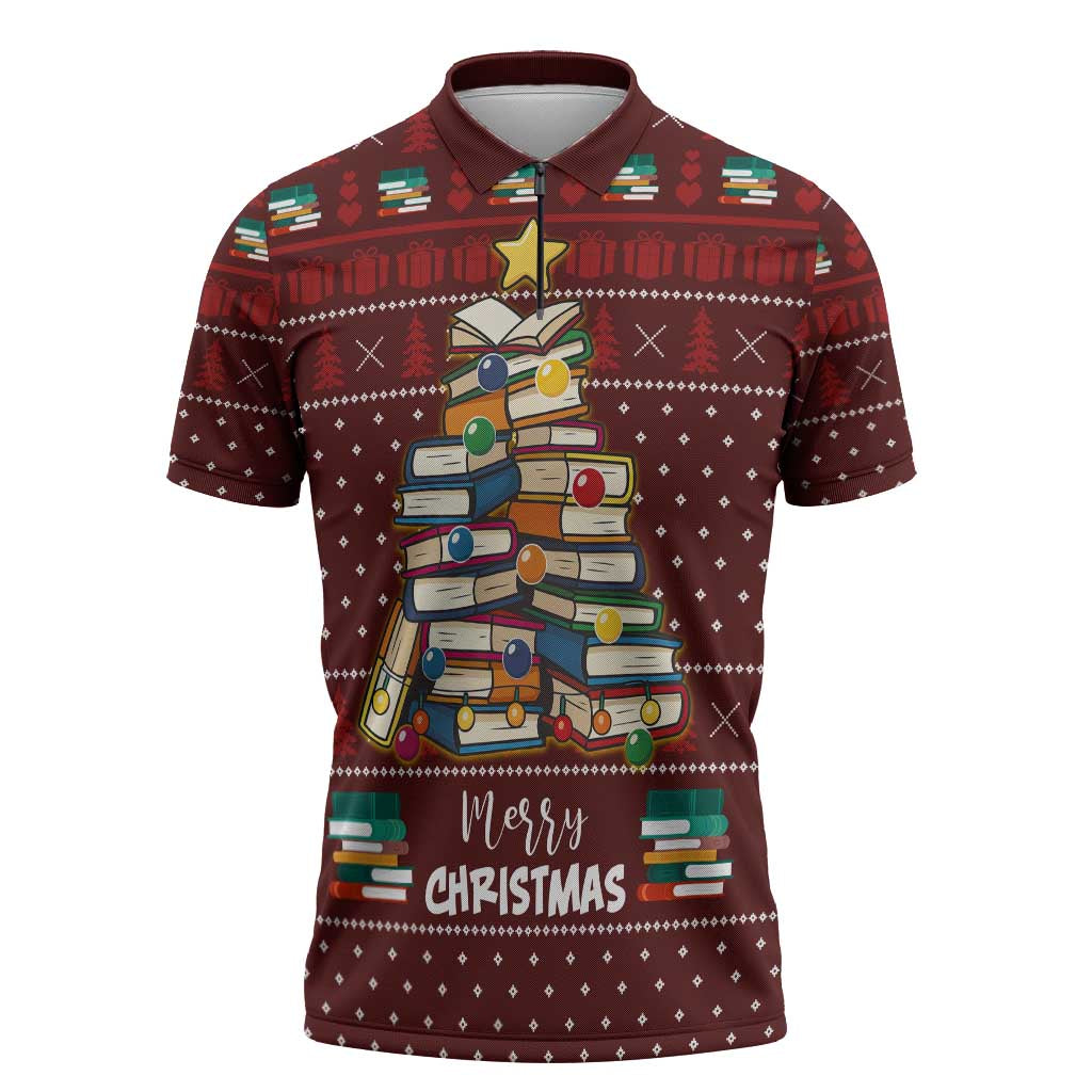 Book Pine Merry Christmas Zipper Polo Shirt Xmas Holiday Patterns - Wonder Print Shop