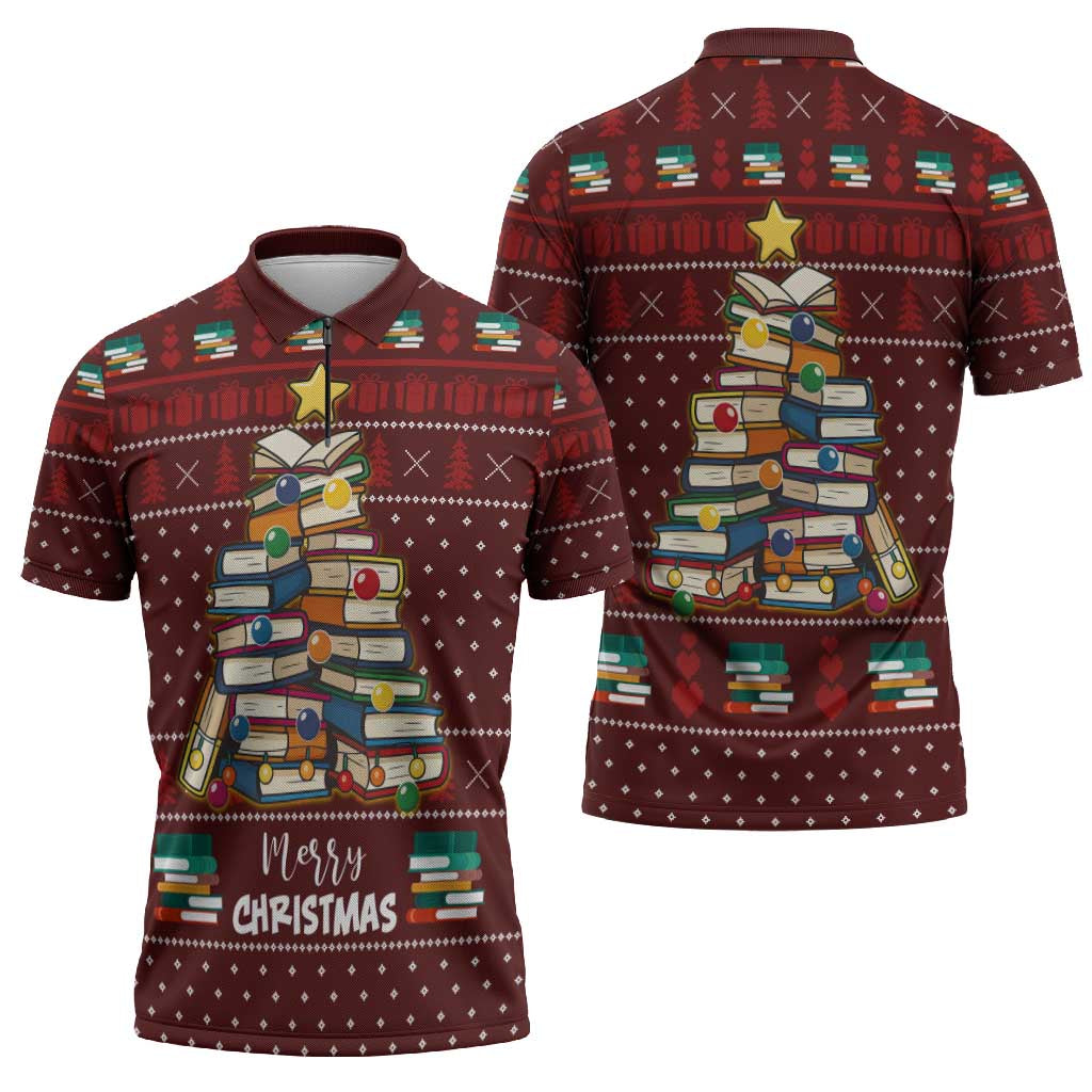 Book Pine Merry Christmas Zipper Polo Shirt Xmas Holiday Patterns - Wonder Print Shop