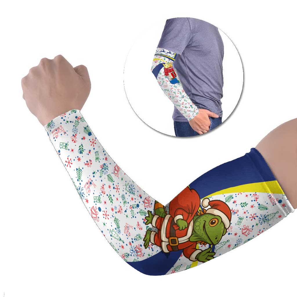Curacao Christmas Arm Sleeves with Santa Lizard Crown Gifts Snowflakes and Holiday Icons Design - Wonder Print Shop