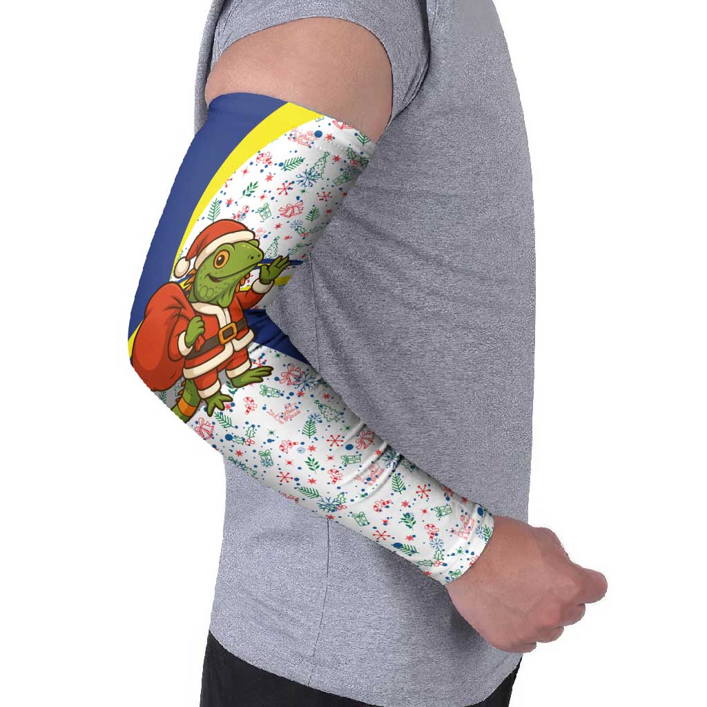 Curacao Christmas Arm Sleeves with Santa Lizard Crown Gifts Snowflakes and Holiday Icons Design - Wonder Print Shop
