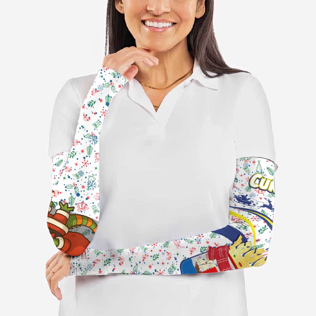 Curacao Christmas Arm Sleeves with Santa Lizard Crown Gifts Snowflakes and Holiday Icons Design - Wonder Print Shop