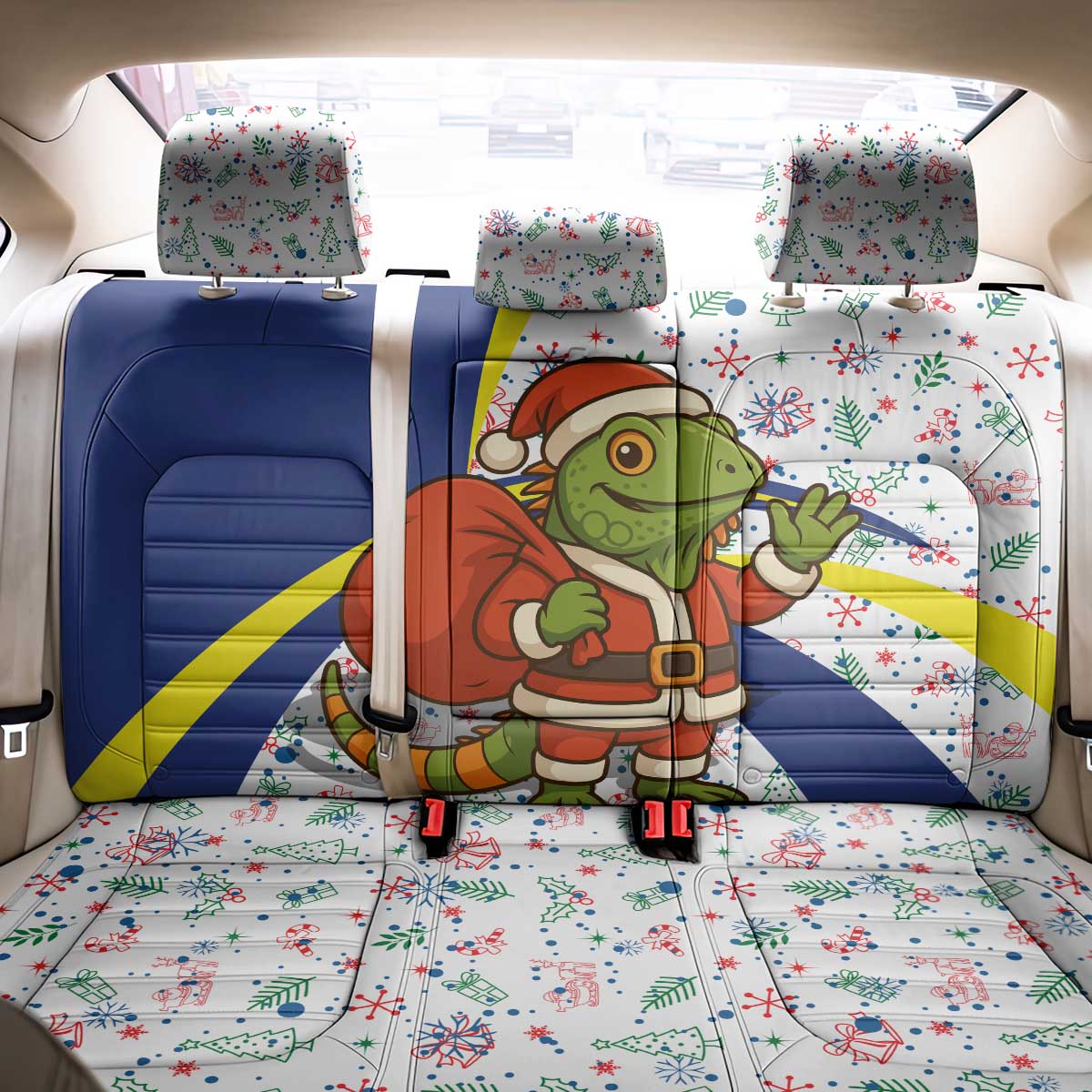 Curacao Christmas Back Car Seat Cover with Santa Lizard Crown Gifts Snowflakes and Holiday Icons Design - Wonder Print Shop