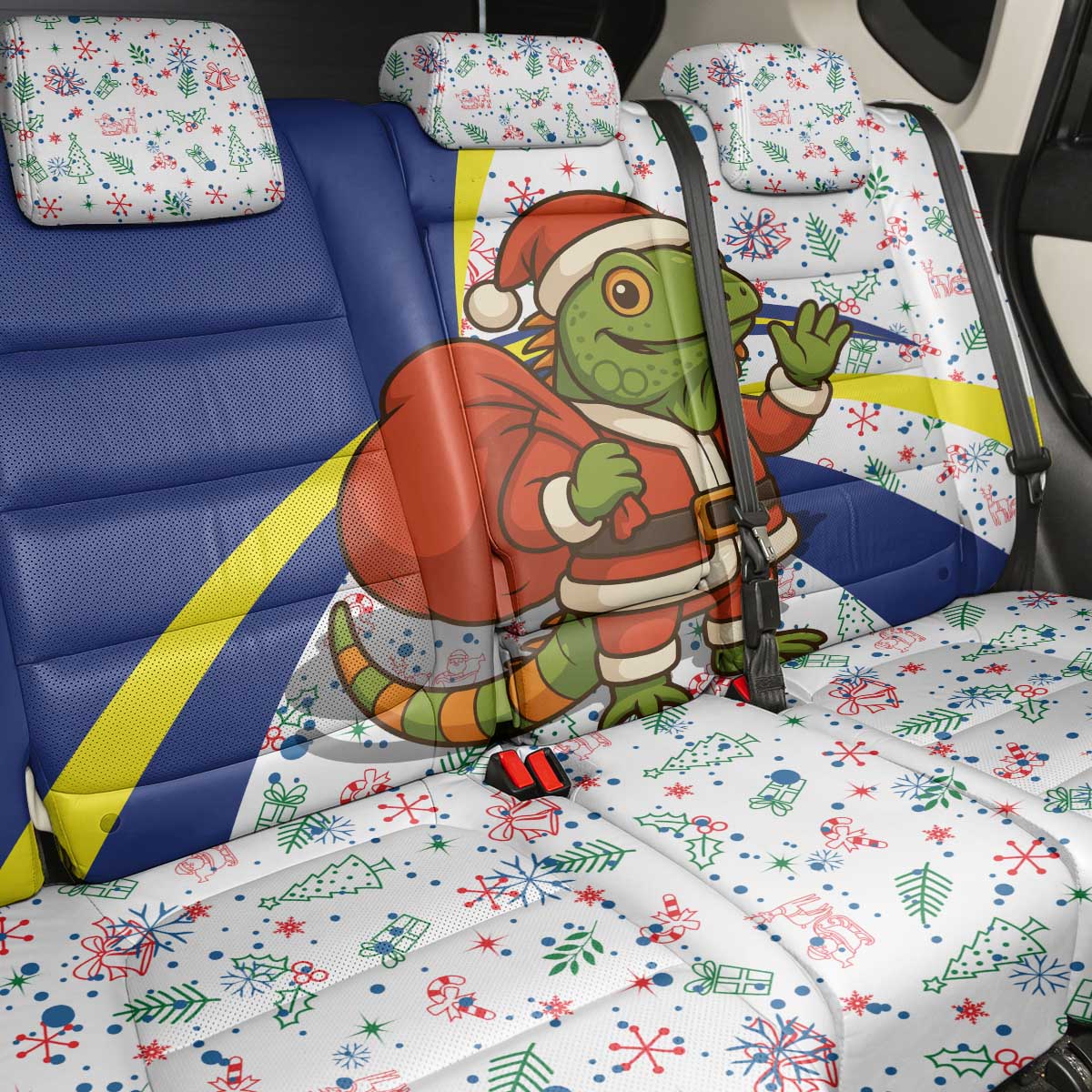 Curacao Christmas Back Car Seat Cover with Santa Lizard Crown Gifts Snowflakes and Holiday Icons Design - Wonder Print Shop