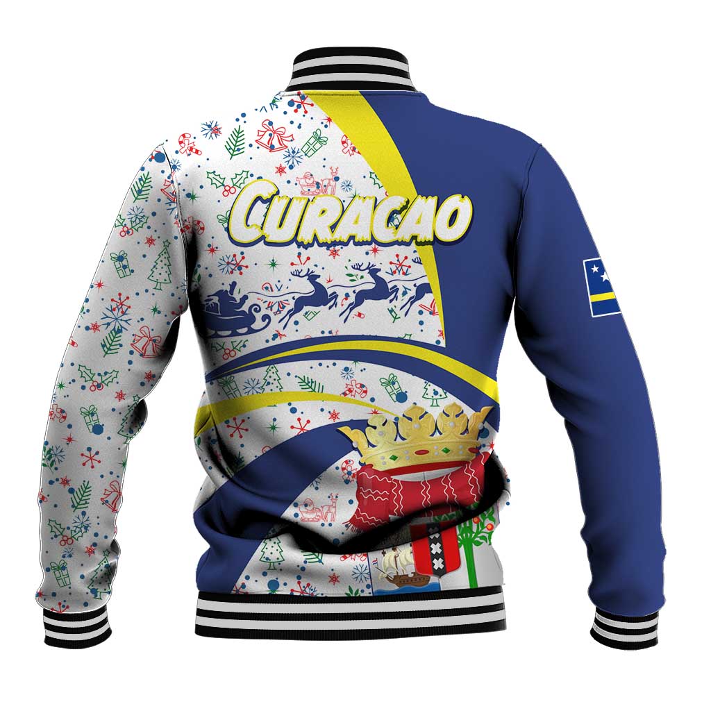 Curacao Christmas Baseball Jacket with Santa Lizard Crown Gifts Snowflakes and Holiday Icons Design - Wonder Print Shop