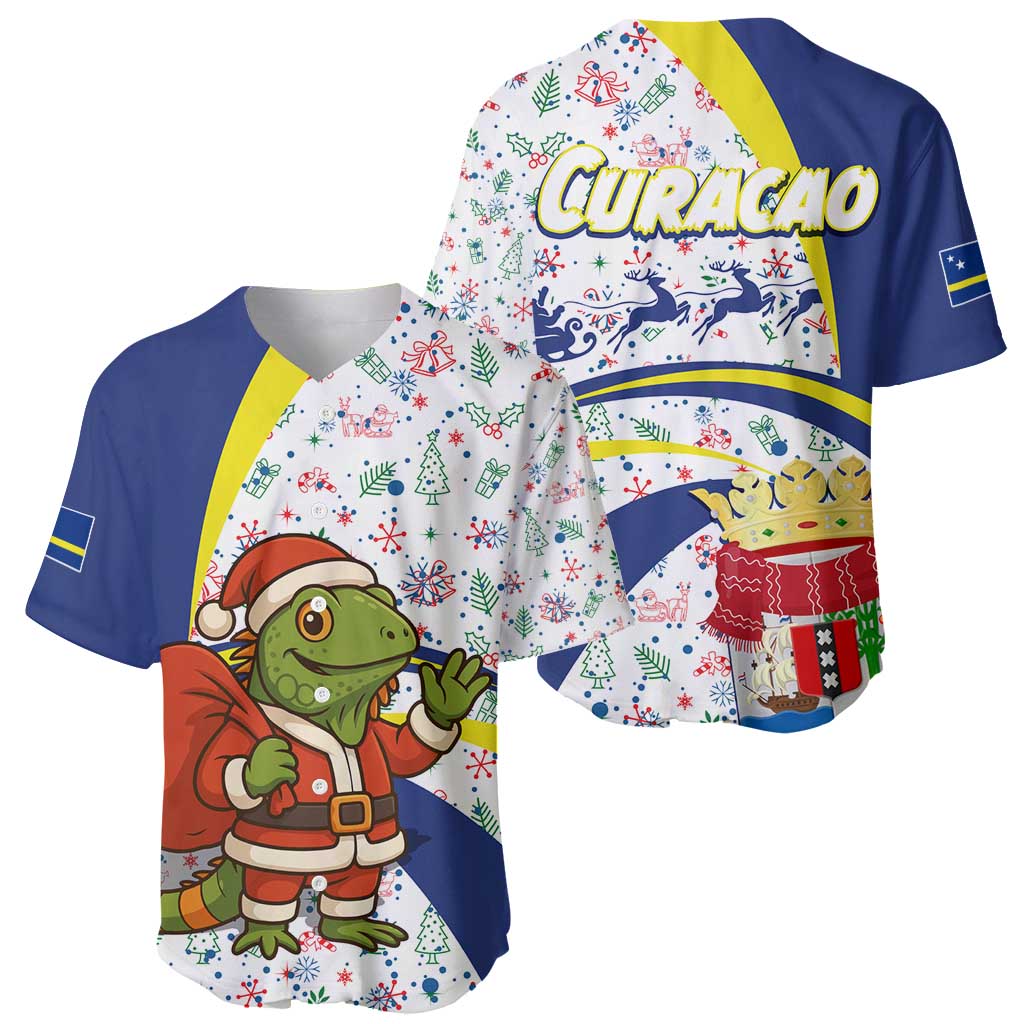 Curacao Christmas Baseball Jersey with Santa Lizard Crown Gifts Snowflakes and Holiday Icons Design - Wonder Print Shop
