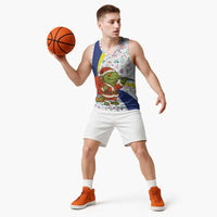 Curacao Christmas Basketball Jersey with Santa Lizard Crown Gifts Snowflakes and Holiday Icons Design - Wonder Print Shop