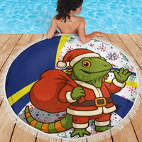 Curacao Christmas Beach Blanket with Santa Lizard Crown Gifts Snowflakes and Holiday Icons Design - Wonder Print Shop