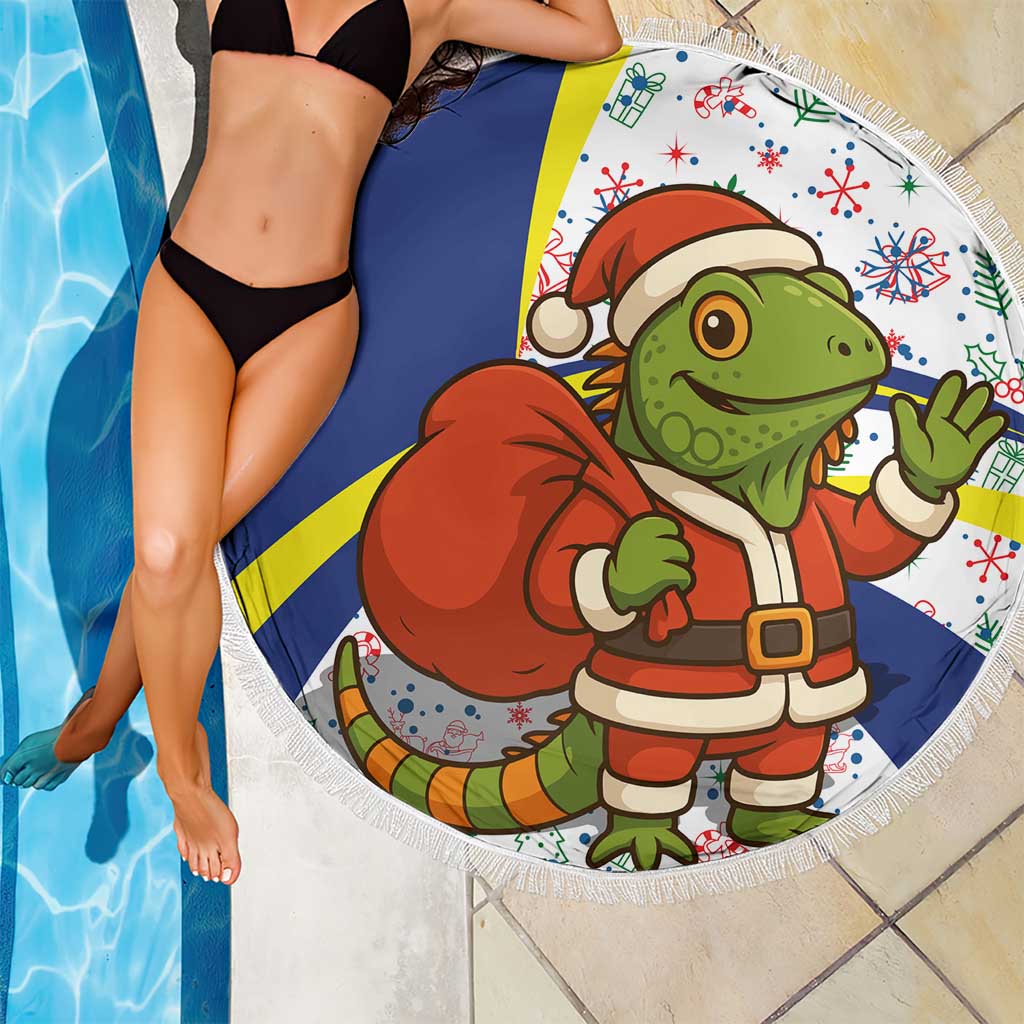 Curacao Christmas Beach Blanket with Santa Lizard Crown Gifts Snowflakes and Holiday Icons Design - Wonder Print Shop