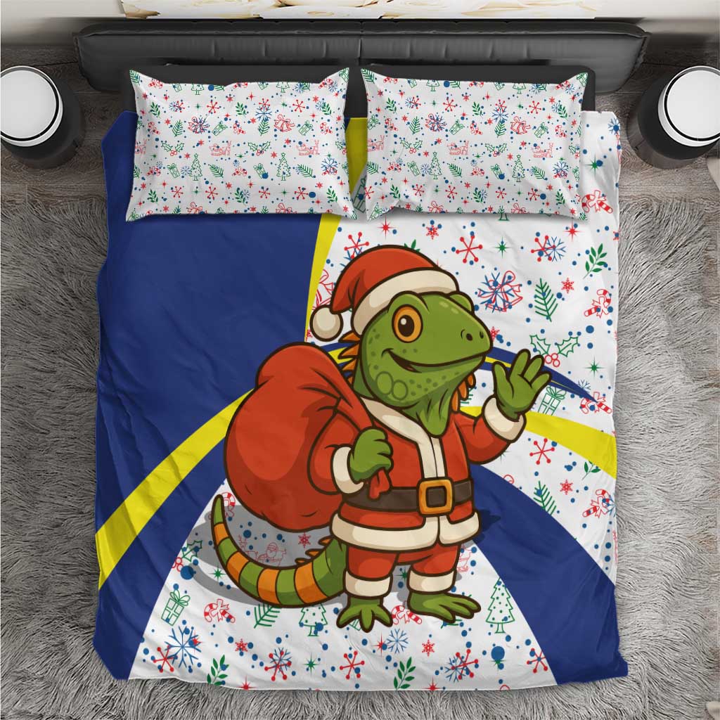 Curacao Christmas Bedding Set with Santa Lizard Crown Gifts Snowflakes and Holiday Icons Design - Wonder Print Shop