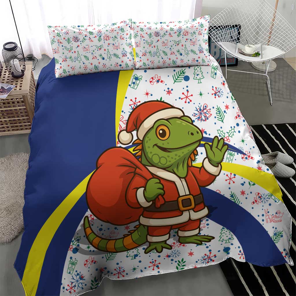 Curacao Christmas Bedding Set with Santa Lizard Crown Gifts Snowflakes and Holiday Icons Design - Wonder Print Shop