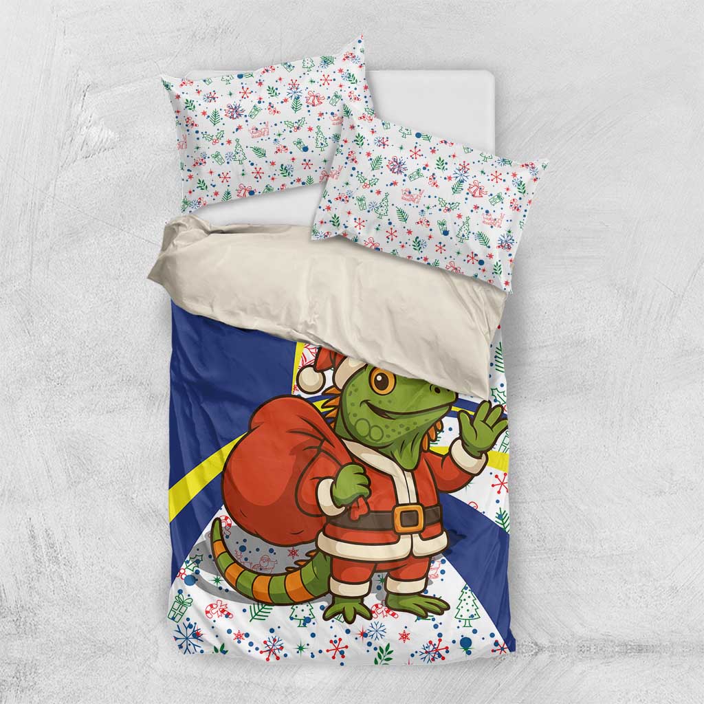 Curacao Christmas Bedding Set with Santa Lizard Crown Gifts Snowflakes and Holiday Icons Design - Wonder Print Shop